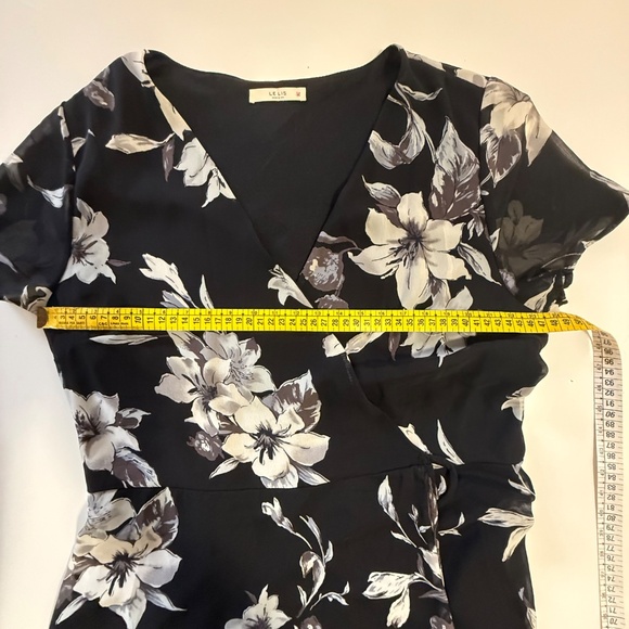 Dark Bohemian Floral Wrap Dress – Sheer Sleeve, Tie Waist, Flowy Above Knee, Sma - Picture 5 of 7